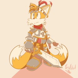 Size: 2048x2048 | Tagged: safe, artist:yesartz7777, miles "tails" prower, 2024, frown, holding something, knight armor, looking offscreen, signature, simple background, solo, standing, sword, valiant knight tails