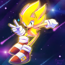 Size: 2048x2048 | Tagged: safe, artist:sunsetbriz, sonic the hedgehog, super sonic, 2024, abstract background, looking at viewer, smile, solo, space, star (sky), star (symbol), super form, v sign