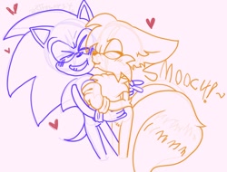 Size: 1026x780 | Tagged: safe, artist:strebersito, miles "tails" prower, sonic the hedgehog, 2024, cute, duo, eyes closed, floppy ears, gay, heart, holding each other, kiss on cheek, line art, pink background, sfx, shipping, simple background, sketch, smooch, sonic x tails, standing