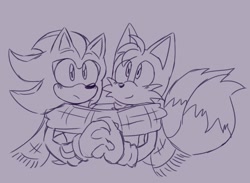 Size: 1790x1312 | Tagged: safe, artist:jeffydust, miles "tails" prower, shadow the hedgehog, 2024, cute, duo, gay, holding hands, line art, looking at viewer, looking offscreen, purple background, scarf, shadails, shipping, simple background, smile