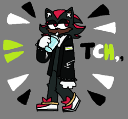 Size: 531x493 | Tagged: safe, artist:twipsai, shadow the hedgehog, agender, agender pride, clothes, drink, drinking, grey background, holding something, jacket, lidded eyes, looking offscreen, milkshake, simple background, solo, standing