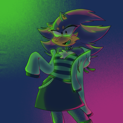 Size: 2000x2000 | Tagged: safe, artist:trashcreatyre, shadow the hedgehog, agender, chain, choker, clothes, ear piercing, earring, fishnets, jacket, looking at viewer, nonbinary, oversized, shirt, skirt, smile, solo