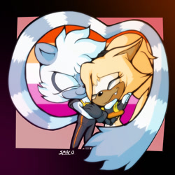 Size: 1200x1200 | Tagged: safe, artist:smacowee, tangle the lemur, whisper the wolf, abstract background, duo, eyes closed, holding each other, lesbian, lesbian pride, pride, shipping, smile, standing, tangle x whisper