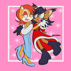 Size: 2048x2048 | Tagged: safe, artist:beanbagstab, nicole the hololynx, sally acorn, christmas, christmas outfit, dancing, duo, lesbian, nicole x sally, shipping, signature, smile, snowflake