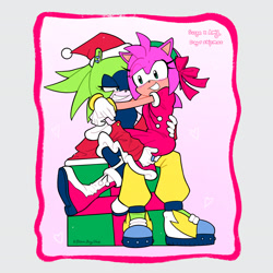 Size: 2048x2048 | Tagged: safe, artist:beanbagstab, amy rose, surge the tenrec, christmas, christmas outfit, duo, lesbian, present, shipping, signature, sitting on lap, smile, surgamy