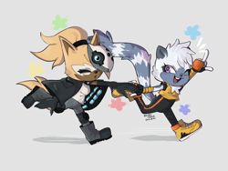 Size: 2048x1536 | Tagged: safe, artist:briarmarrarchive, tangle the lemur, whisper the wolf, cute, duo, grey background, holding hands, lesbian, pointing, running, shipping, signature, simple background, tangabetes, tangle x whisper, whispabetes