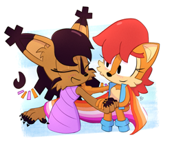 Size: 1145x957 | Tagged: safe, artist:jenzel, nicole the hololynx, sally acorn, blushing, cute, duo, eyes closed, flag, holding hands, lesbian, lesbian pride, looking at them, nicabetes, nicole x sally, pride, pride flag, sallabetes, shipping, smile, standing