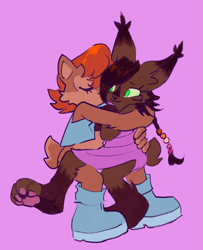 Size: 1329x1634 | Tagged: safe, artist:eelyijah, nicole the hololynx, sally acorn, cute, eyes closed, holding them, kiss on cheek, lesbian, nicole x sally, pawpads, paws, purple background, shipping, simple background, sitting, smile, solo