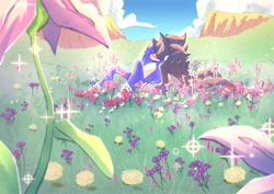 Size: 2048x1446 | Tagged: safe, artist:balestrra, shadow the hedgehog, sonic the hedgehog, abstract background, clouds, daytime, duo, field, flower, gay, grass, outdoors, shadow x sonic, shipping, sitting, sparkles