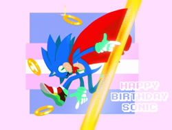 Size: 2048x1536 | Tagged: safe, artist:andva-ri, sonic the hedgehog, sonic adventure, birthday, cape, english text, looking at viewer, posing, ring, smile, soap shoes, solo, top surgery scars, trans male, trans pride, transgender