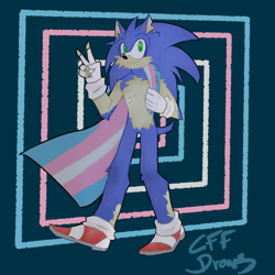 Size: 2000x2000 | Tagged: safe, artist:chaotic-french-fries, sonic the hedgehog, fingerless gloves, holding something, signature, smile, solo, standing, top surgery scars, trans male, trans pride, transgender, v sign