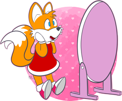 Size: 2048x1690 | Tagged: safe, artist:softponies, miles "tails" prower, amy's halterneck dress, clothes, heart, mirror, outline, semi-transparent background, solo, trans female, transgender