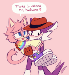 Size: 963x1048 | Tagged: safe, artist:pawstickers, nack the weasel, oc, oc:palette the cat, cat, blushing, canon x oc, carrying them, dialogue, duo, english text, femboy, flirting, gay, pink background, simple background, speech bubble, sweatdrop, sweater, trans male, transgender, wagging tail