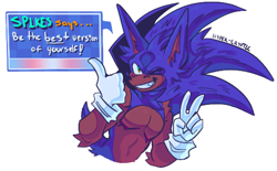 Size: 1321x818 | Tagged: safe, artist:hyper-cryptic, sonic the hedgehog, alternate universe, au:heart of chaos, english text, looking at viewer, positivity, simple background, smile, solo, thumbs up, top surgery scars, trans male, transgender, v sign, white background, wink