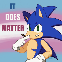 Size: 2048x2048 | Tagged: safe, artist:thewiredgalaxy, sonic the hedgehog, beanbrows, english text, looking at viewer, pride, pride flag background, smile, solo, trans male, trans pride, trans visibility day, transgender