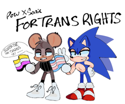 Size: 600x500 | Tagged: safe, artist:powpowchaos, sonic the hedgehog, oc, oc:pow, mouse, binder, dialogue, duo, english text, flag, holding something, nonbinary, nonbinary pride, pride, pride flag, simple background, smile, top surgery scars, trans male, trans pride, trans rights, transgender, white background