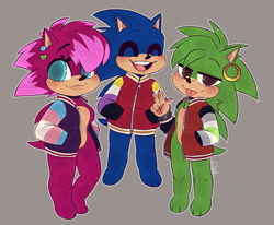 Size: 1863x1536 | Tagged: safe, artist:umbramus, manik the hedgehog, sonia the hedgehog, sonic the hedgehog, agender, agender pride, cute, jacket, manikbetes, nonbinary, nonbinary pride, paws, siblings, smile, sonabetes, soniabetes, tongue out, trans female, trans pride, transgender, trio