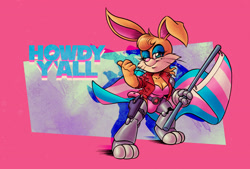 Size: 1480x1000 | Tagged: safe, artist:rabbotred, bunnie rabbot, english text, flag, holding something, lidded eyes, looking at viewer, pride, pride flag, smile, solo, trans pride, trans visibility day