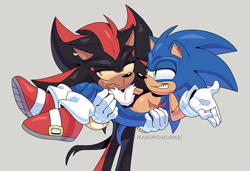 Size: 944x647 | Tagged: safe, artist:superscourge, shadow the hedgehog, sonic the hedgehog, carrying them, duo, ear piercing, earring, frown, gay, grey background, long tail, shadow x sonic, shipping, signature, simple background, smile, standing, top surgery scars, trans female, transgender, yellow sclera