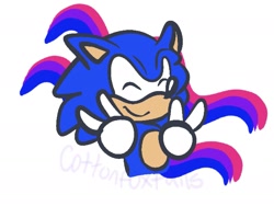 Size: 1853x1394 | Tagged: safe, artist:cottonfoxtails, sonic the hedgehog, bisexual, bisexual pride, cute, double v sign, eyes closed, icon, signature, simple background, smile, solo, sonabetes, white background