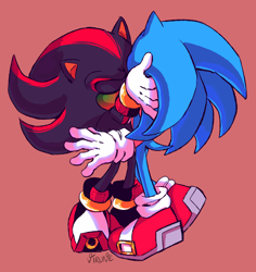 Size: 900x954 | Tagged: safe, artist:virune, shadow the hedgehog, sonic the hedgehog, 2021, blushing, duo, eyes closed, gay, green blush, hands on another's face, kiss, shadow x sonic, shipping, signature, simple background, standing