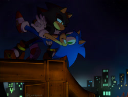 Size: 2048x1560 | Tagged: safe, artist:lambpaca, shadow the hedgehog, sonic the hedgehog, sonic adventure 2, abstract background, clenched teeth, duo, gay, holding them, lidded eyes, shadow x sonic, shipping, smile