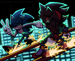 Size: 1389x1132 | Tagged: safe, artist:apradonite, shadow the hedgehog, sonic the hedgehog, abstract background, duo, gay, looking at them, nighttime, outdoors, rail grinding, shadow x sonic, shipping, smile, star (sky), v sign