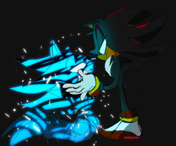 Size: 1452x1200 | Tagged: safe, artist:candyypirate, shadow the hedgehog, sonic the hedgehog, black background, cyber form, cyber sonic, duo, frown, gay, hands on another's face, kneeling, lidded eyes, looking at each other, shadow x sonic, shipping, simple background, standing