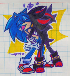 Size: 1889x2048 | Tagged: safe, artist:thalysun, shadow the hedgehog, sonic the hedgehog, cute, duo, gay, heart, hugging, shadow x sonic, shipping, signature, smile, sonabetes, standing, traditional media