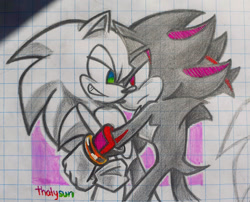 Size: 2048x1654 | Tagged: safe, artist:thalysun, shadow the hedgehog, sonic the hedgehog, duo, frown, gay, hugging, lidded eyes, looking at each other, shadow x sonic, shipping, smile, standing, traditional media