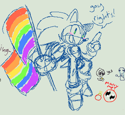 Size: 330x303 | Tagged: safe, artist:larabar, sonic the hedgehog, dialogue, english text, flag, gay pride, gay rights, holding something, line art, pride, pride flag, simple background, sketch, smile, solo