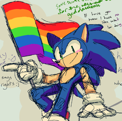 Size: 473x469 | Tagged: safe, artist:larabar, sonic the hedgehog, blushing, english text, flag, gay pride, pointing, pride, pride flag, simple background, sketch, smile, solo