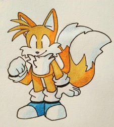 Size: 2048x2269 | Tagged: safe, artist:larabar, miles "tails" prower, blue shoes, clenched fist, looking offscreen, smile, solo, standing, traditional media