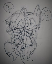 Size: 1280x1577 | Tagged: safe, artist:maurkin, miles "tails" prower, shadow the hedgehog, cross popping vein, duo, gay, hands on another's shoulders, heart, line art, looking at each other, shadails, shipping, sketch, standing, traditional media