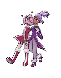 Size: 2048x2594 | Tagged: safe, artist:foxflamingo, amy rose, blaze the cat, human, amy x blaze, blushing, duo, hand on another's hip, heart, humanized, lesbian, looking at each other, one eye closed, shipping, simple background, smile, walking, white background