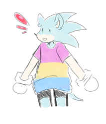 Size: 512x600 | Tagged: safe, artist:trans-tails, sonic the hedgehog, heart, mouth open, pansexual pride, pride, pride flag, shirt, shorts, simple background, solo, white background