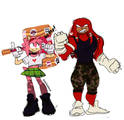 Size: 992x956 | Tagged: safe, artist:peachdeluxe, amy rose, knuckles the echidna, alternate outfit, clothes, duo, fistbump, gay, holding something, lesbian, looking at each other, piko piko hammer, sfx, signature, standing, trans female, transgender