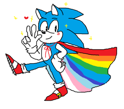 Size: 872x772 | Tagged: safe, artist:whiteacropolis, sonic the hedgehog, cape, gay, gay pride, hand on hip, heart, looking at viewer, pixel art, pride, pride flag, simple background, smile, solo, sparkles, trans male, trans pride, transgender, v sign, walking, white background