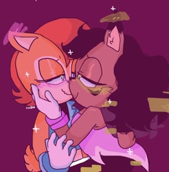 Size: 992x1007 | Tagged: safe, artist:chiquitosilver, nicole the hololynx, sally acorn, blushing, blushing ears, burgundy background, duo, first kiss, hands on another's face, kiss, lesbian, lidded eyes, looking at each other, nicole x sally, shipping, simple background, smile, sparkles, standing