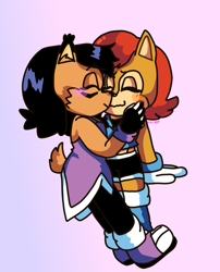 Size: 849x1051 | Tagged: safe, artist:chiquitosilver, nicole the hololynx, sally acorn, blushing, cute, duo, eyes closed, hands on another's face, lesbian, nicabetes, nicole x sally, purple background, sallabetes, shipping, signature, simple background, smile, standing