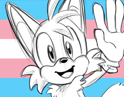 Size: 1280x1001 | Tagged: safe, artist:unkown0001111, miles "tails" prower, looking at viewer, pride, pride flag, pride flag background, sketch, smile, solo, trans pride, waving