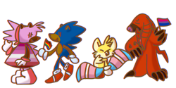 Size: 1280x640 | Tagged: safe, artist:argonia, amy rose, knuckles the echidna, miles "tails" prower, sonic the hedgehog, bisexual pride, flag, gay pride, group, holding something, lesbian pride, pride, pride flag, simple background, trans pride, transparent background