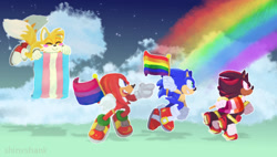 Size: 1100x626 | Tagged: safe, artist:sonicshank, knuckles the echidna, miles "tails" prower, shadow the hedgehog, sonic the hedgehog, abstract background, bisexual pride, blushing, cute, flag, flying, gay pride, group, holding something, lesbian pride, pride, pride flag, rainbow, redraw, running, tailabetes, trans pride