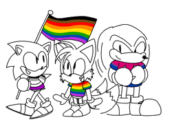 Size: 1227x871 | Tagged: safe, artist:krissaegrim, knuckles the echidna, miles "tails" prower, sonic the hedgehog, ace, asexual pride, bisexual, bisexual pride, flag, gay, gay pride, headcanon, holding something, line art, pride, pride flag, shirt, simple background, smile, standing, team sonic, trio, white background