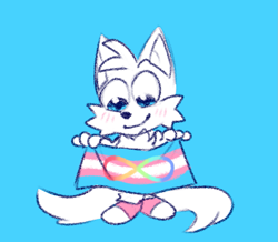 Size: 1307x1138 | Tagged: safe, artist:j0rrated, miles "tails" prower, autism symbol, autistic, autistic pride, blue background, blushing, cute, holding something, pride, simple background, smile, solo, tailabetes, trans pride, transgender