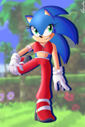 Size: 1365x2048 | Tagged: safe, artist:cyan-stargaze002, sonic the hedgehog, green hill zone, screenshot background, smile, solo, sonic generations, standing on one leg, trans female, transgender