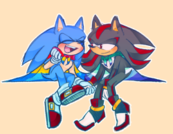 Size: 628x485 | Tagged: safe, artist:ridofukuto, shadow the hedgehog, sonic the hedgehog, beige background, blushing, cape, eyes closed, gay, holding hands, lidded eyes, looking at them, mlm pride, pansexual, pansexual pride, shadow x sonic, shipping, simple background, sitting, smile, solo