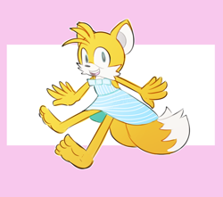 Size: 1280x1129 | Tagged: safe, artist:sonicshank, miles "tails" prower, barefoot, crossdressing, dress, femboy, looking at viewer, mouth open, smile, solo