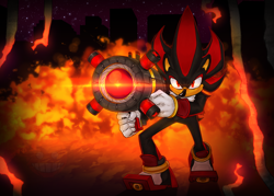 Size: 1654x1181 | Tagged: safe, artist:subjectvda, shadow the hedgehog, 2024, abstract background, bazooka, fire, gun, holding something, solo, standing