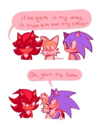 Size: 660x825 | Tagged: safe, artist:mr-eat, miles "tails" prower, shadow the hedgehog, sonic the hedgehog, blushing, dialogue, english text, faker, gay, redraw, shadow x sonic, shipping, simple background, speech bubble, tailstube, trio, white background